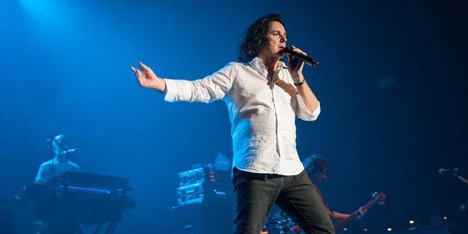 WOLVERHAMPTON, UK, 10 April 2015: Steve Hogarth, vocalist with Marillion, perfoming on the Friday of the 2015 UK Marillion weekend convention, Wolverhampton Civic Hall.